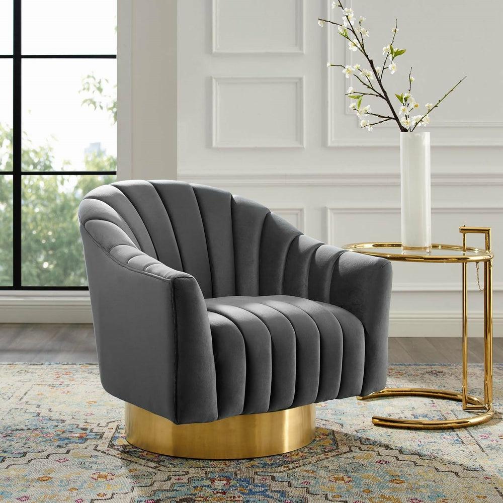 Buoyant Vertical Channel Tufted Accent Lounge Performance Velvet Swivel Chair Accent Chairs Gray