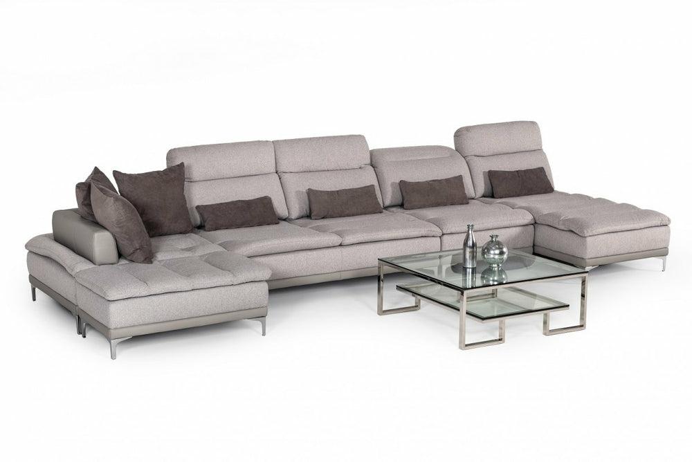 David Ferrari Horizon – Modern Grey Fabric + Grey Leather U Shaped Sectional Sofa Living Room