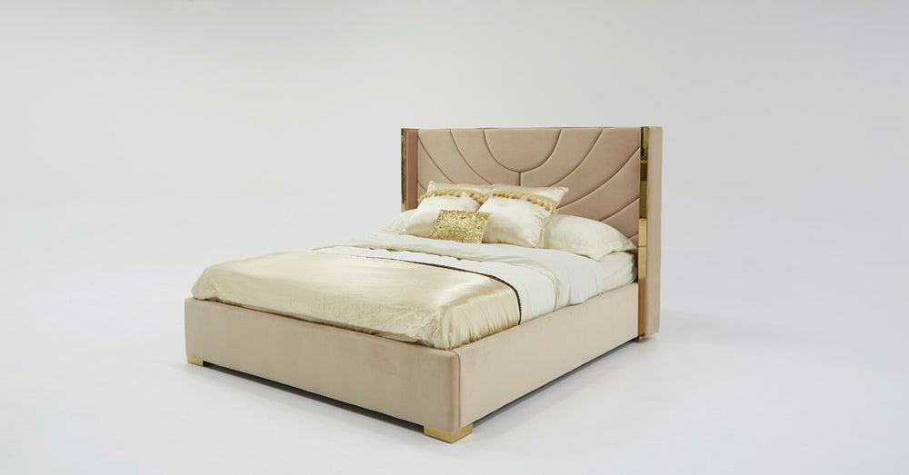 Divani Casa Visalia Modern Beige Velvet & Gold Eastern King Bed Bedroom Room