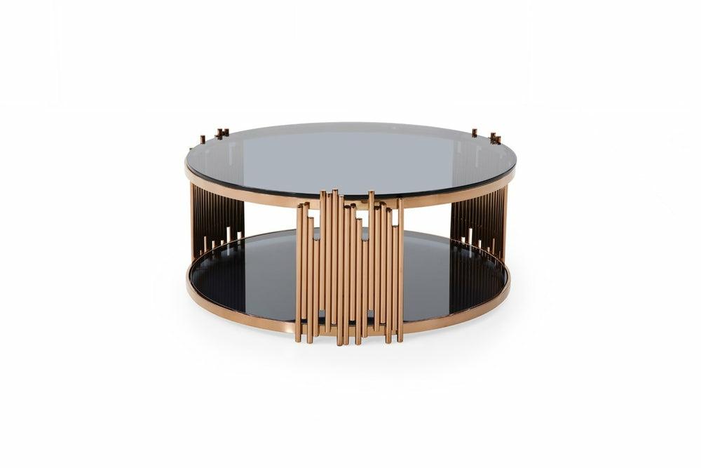 Modrest Bryce Modern Smoked Glass & Rosegold Round Coffee Table Coffee Table