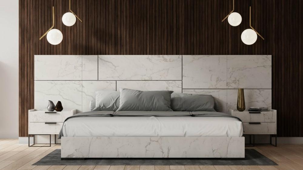 Nova Domus Marbella – Italian Modern White Marble Bed W/ 2 Nightstands Bedroom Room