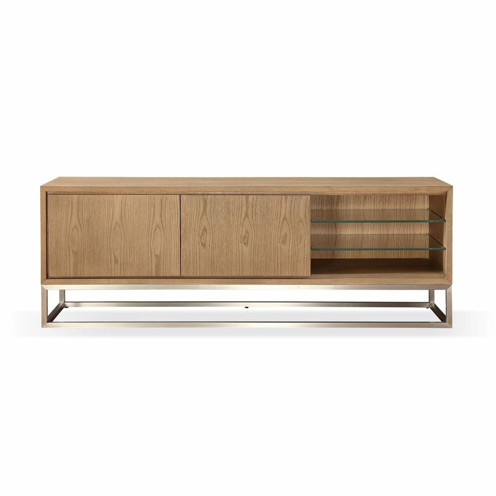 One Coastal Modern 74 Inch Tv Console In Brushed Stainless Steel And Bisque Living Room