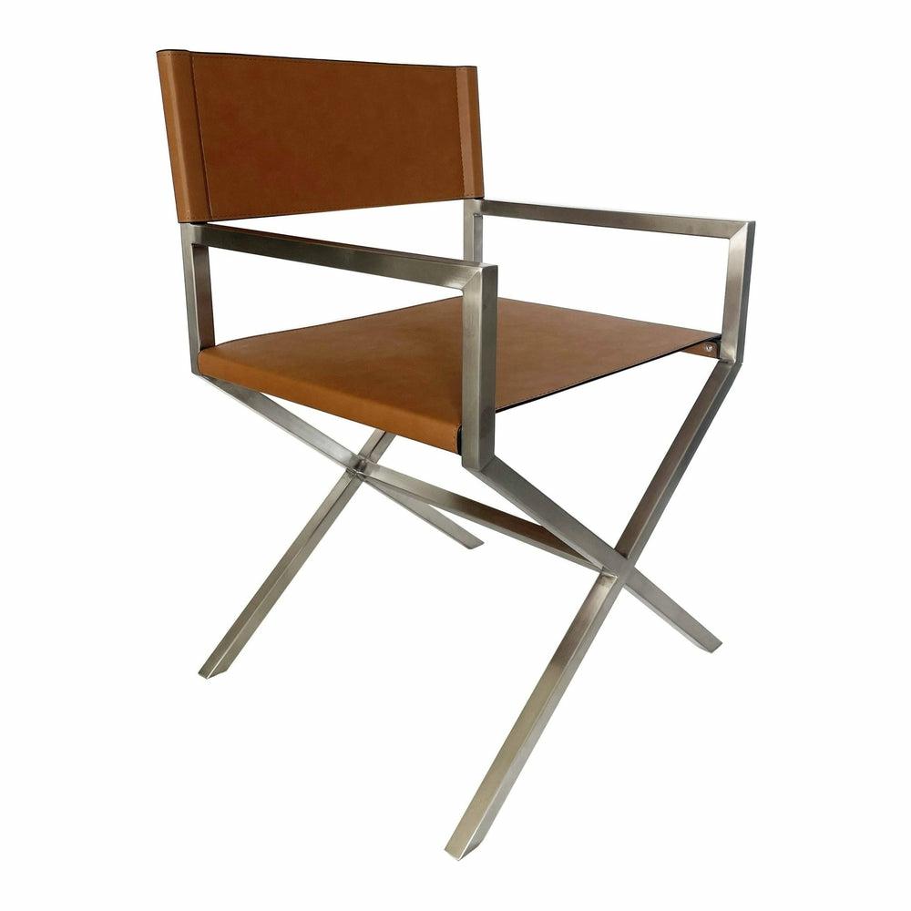 One Modern Coastal Director’s Dining Arm Chair In Cognac And Brushed Stainless Steel Dining Chairs