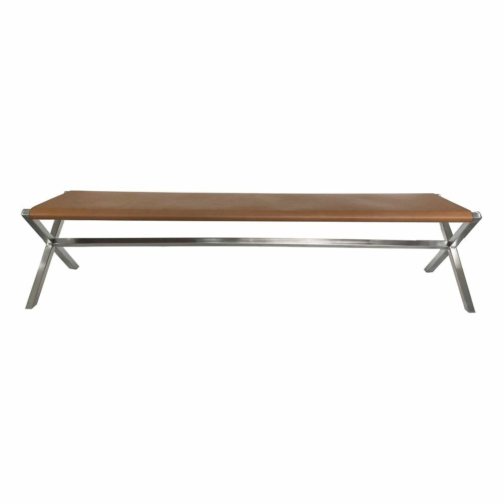 One Modern Coastal Director’s Style Leather Dining Bench In Cognac And Brushed Stainless Steel Bedroom Room