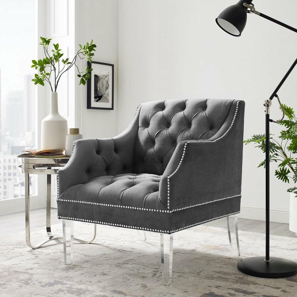 Proverbial Tufted Button Accent Performance Velvet Armchair Accent Chairs Gray